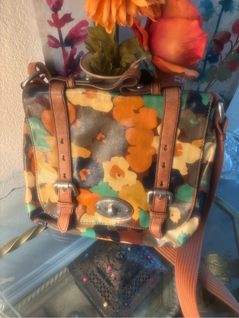 Vintage Fossil Multicolor Floral Canvas Crossbody Shoulder Bag